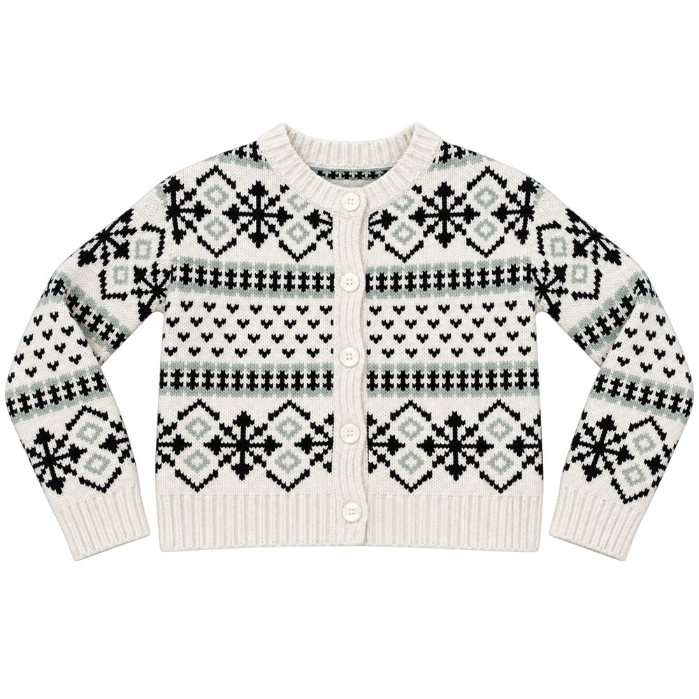 VTG Fair Isle Snowflake Knit Button Front Cardigan Sweater Medium Cream Black